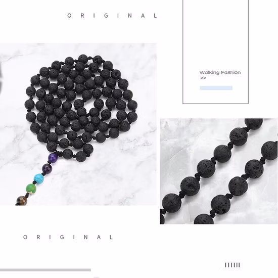 天然溶岩石ロング 108 マラノット 7 チャクラペンダントビーズネックレス